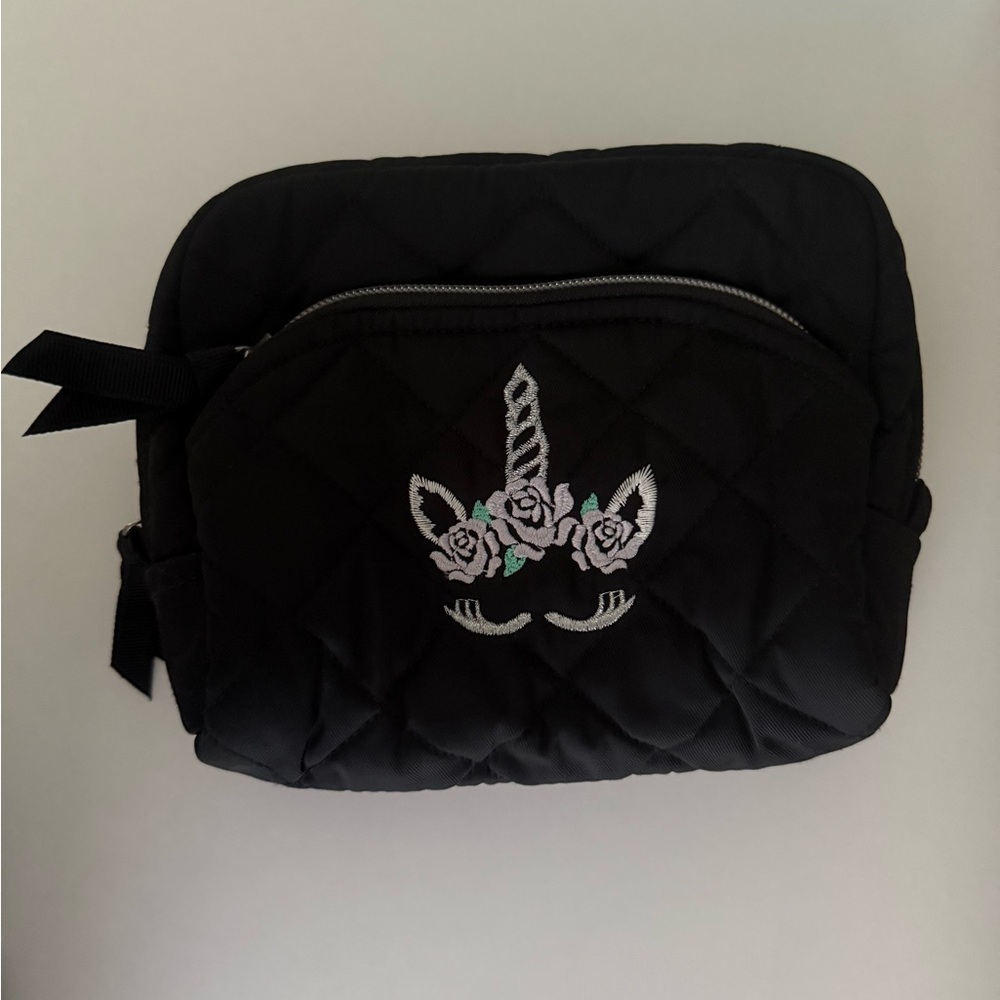 Vera Bradley Black Quilted Cosmetic Bag with Unicorn Embroidery